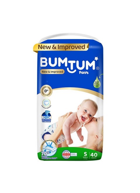 Bumtum Baby Diaper Pants, Small/S Size 40 Count, Double Layer Leakage Protection Infused With Aloe Vera, Cottony Soft High Absorb Technology