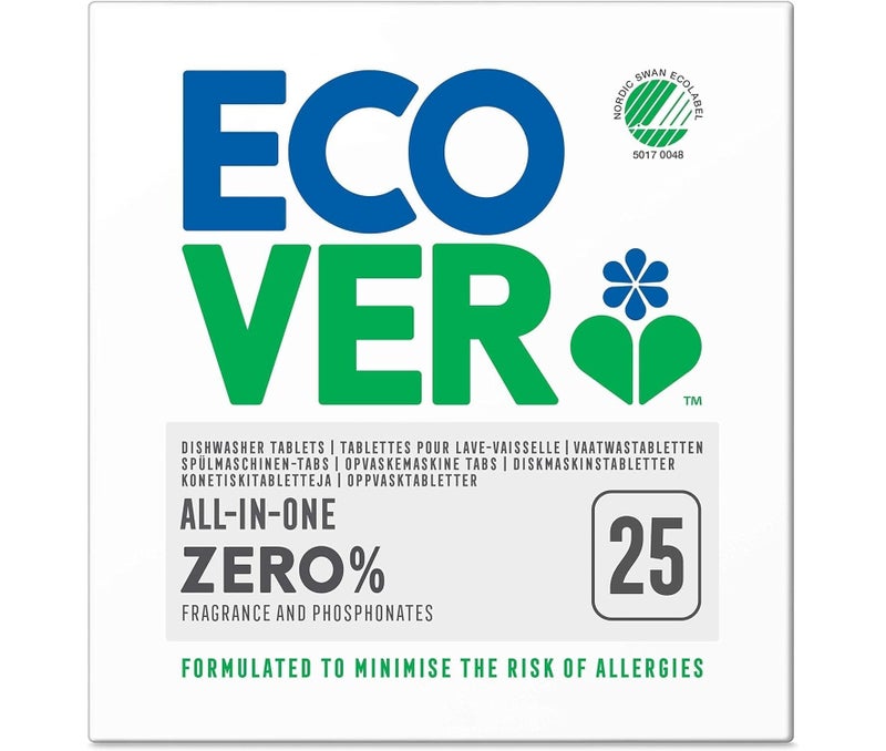 Ecover Zero All-in-One Dishwasher Tablets 25 Pieces 500g Fragrance Free Plant-Based Biodegradable Dishwasher Detergent for Sparkling Clean Dishes Vegan Formula - Image 1