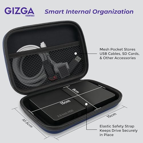 GIZGA Essentials 2.5 Inch External Hard Drive Case Cover| Self Tattoo Semi Hard Shell, Shockproof Water-Resistant PU| Fits WD Seagate Toshiba SSD HDD| Travel Storage Pouch with Mesh Pocket (Blue) - Image 5