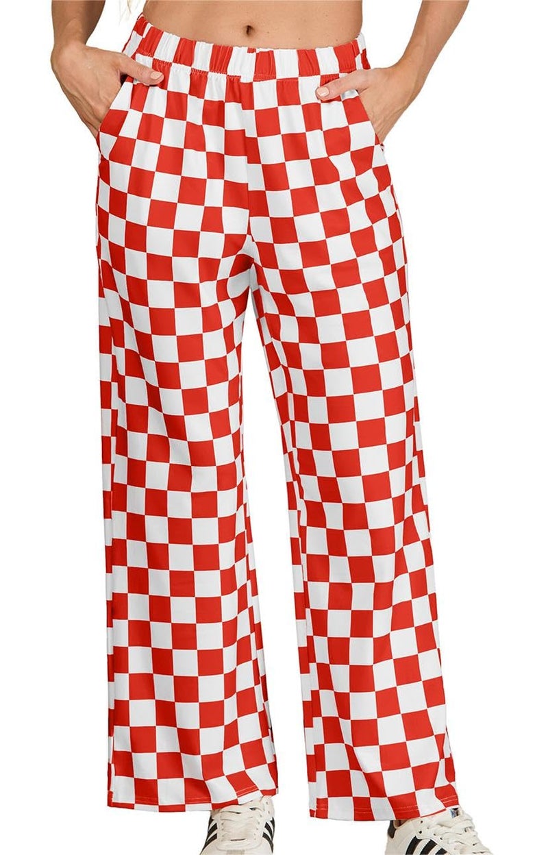 IWOLLENCE Christmas Checkered Pants for Women High Waist Wide Leg Plaid Pajama Pant Teen Girl Y2K Lounge Preppy Trousers Red White, M - Image 3