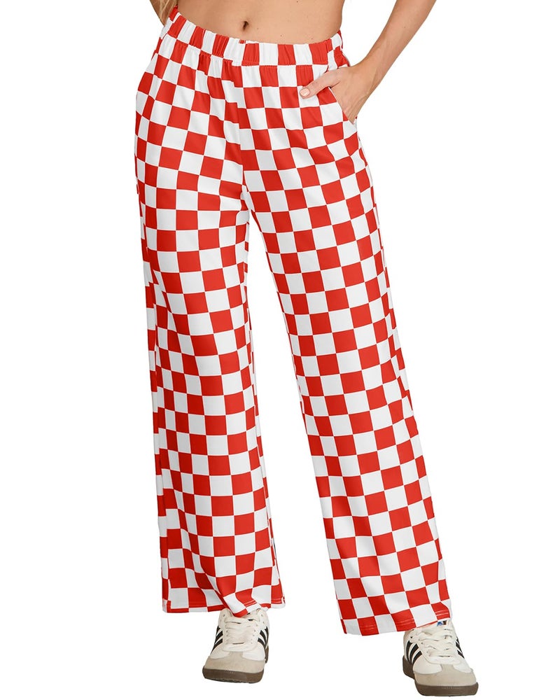 IWOLLENCE Christmas Checkered Pants for Women High Waist Wide Leg Plaid Pajama Pant Teen Girl Y2K Lounge Preppy Trousers Red White, M - Image 2
