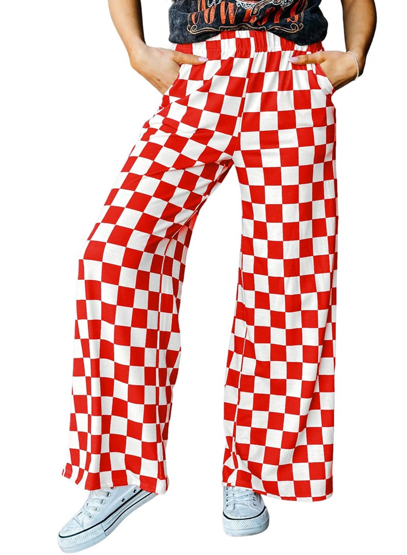 IWOLLENCE Christmas Checkered Pants for Women High Waist Wide Leg Plaid Pajama Pant Teen Girl Y2K Lounge Preppy Trousers Red White, M - Image 1