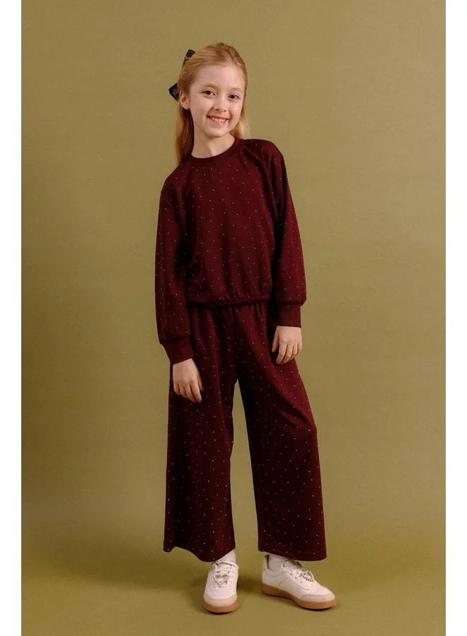 Perendi Girl's Stone-Detail Wide-Leg Seasonal Top-and-Bottom Set