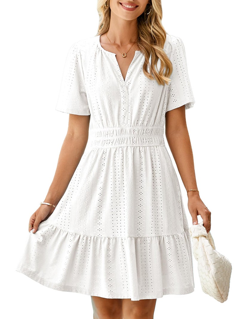 Simplee Womens White Spring Wedding Guest Mini Dress Eyelet Casual V Neck Flowy A Line Short Dresses Empire Waist Beach Dress with PocketsWhite L