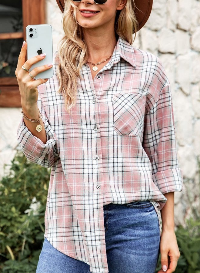 Lumister Oversized Flannel Shirt Women Long Sleeve Plaid Button Down Buffalo Shirt Blouse Tops with One Pocket, Pink, L - Image 2