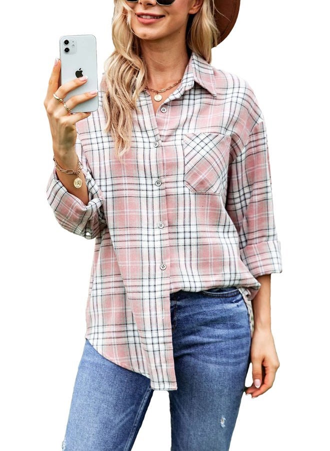 Lumister Oversized Flannel Shirt Women Long Sleeve Plaid Button Down Buffalo Shirt Blouse Tops with One Pocket, Pink, L - Image 1