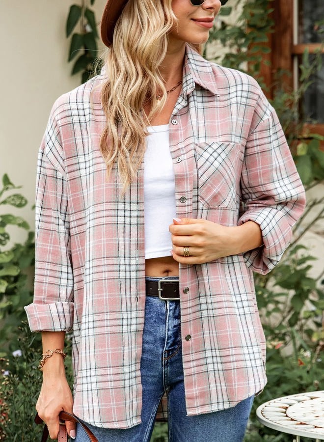 Lumister Oversized Flannel Shirt Women Long Sleeve Plaid Button Down Buffalo Shirt Blouse Tops with One Pocket, Pink, L - Image 4