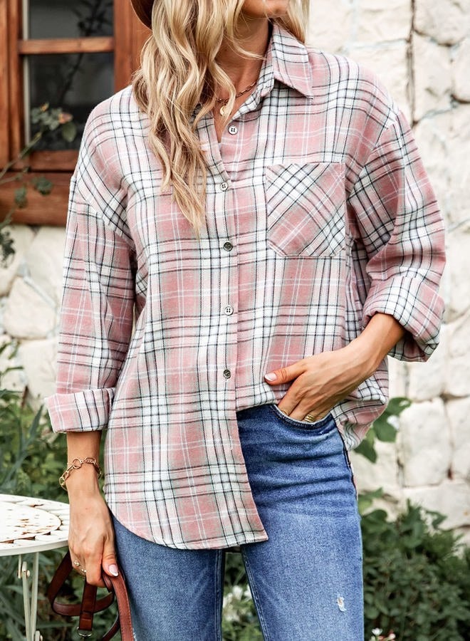 Lumister Oversized Flannel Shirt Women Long Sleeve Plaid Button Down Buffalo Shirt Blouse Tops with One Pocket, Pink, L - Image 3