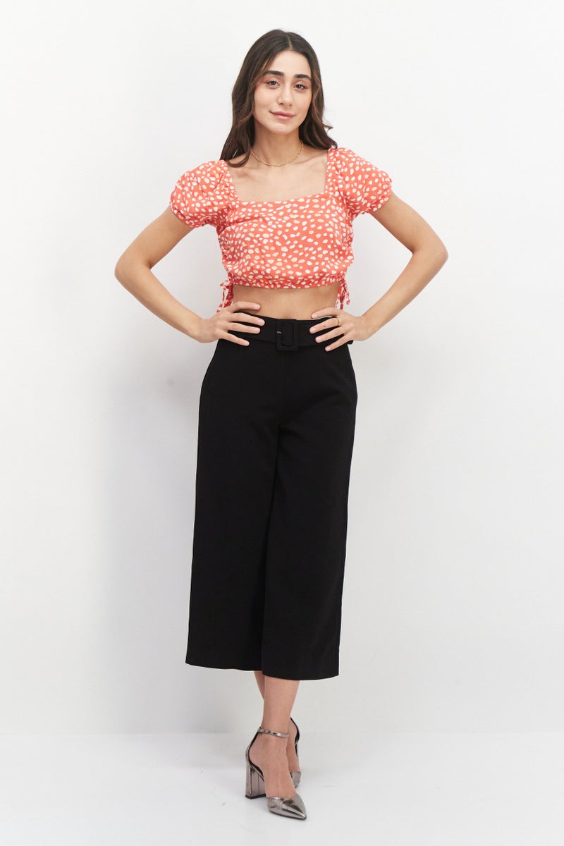 Roxy Women Square Neck Short Sleeve Allover Print Crop Top, Red Combo - Image 3