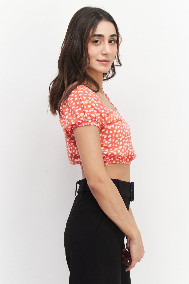 Roxy Women Square Neck Short Sleeve Allover Print Crop Top, Red Combo - Image 2