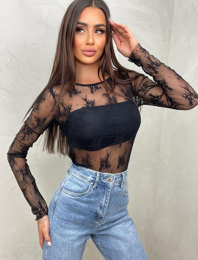 OFEEFAN Sexy Tops for Women Black Lace Long Sleeve Tops Trendy Summer Mesh Top Sheer Undershirt Slim Fitted Crewneck Shirts See Through Dressy Blouses Clubwear M - Image 2