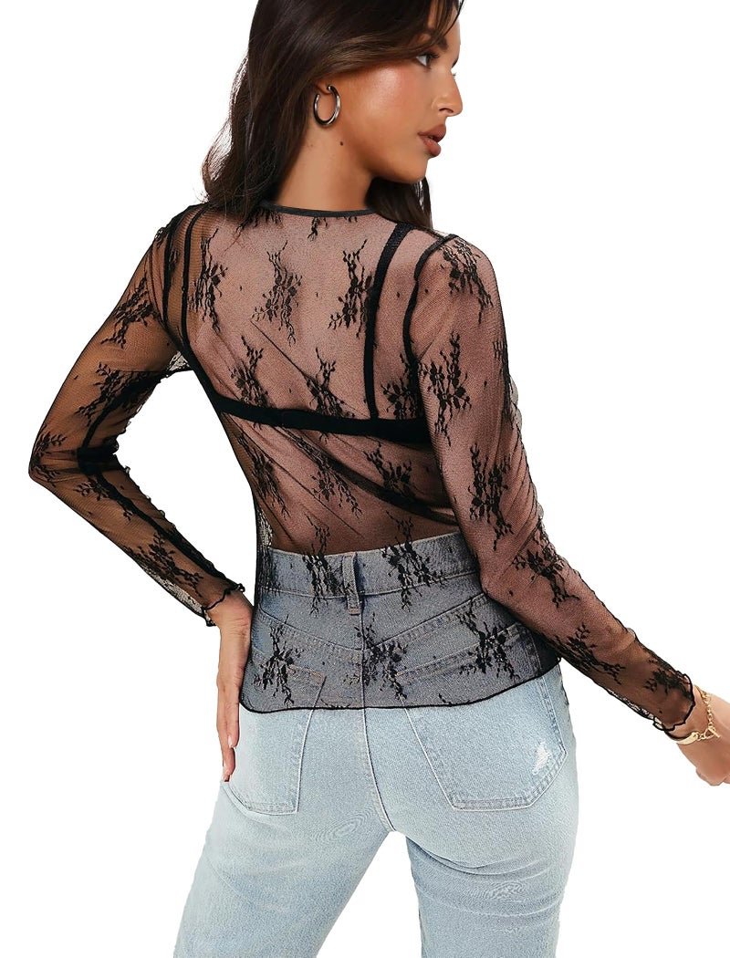 OFEEFAN Sexy Tops for Women Black Lace Long Sleeve Tops Trendy Summer Mesh Top Sheer Undershirt Slim Fitted Crewneck Shirts See Through Dressy Blouses Clubwear M - Image 4