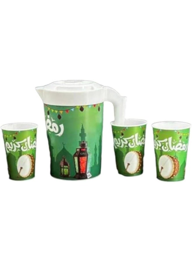 beaker and 3 plastic cups for juice, same design, Ramadan decor (Green) - Image 1