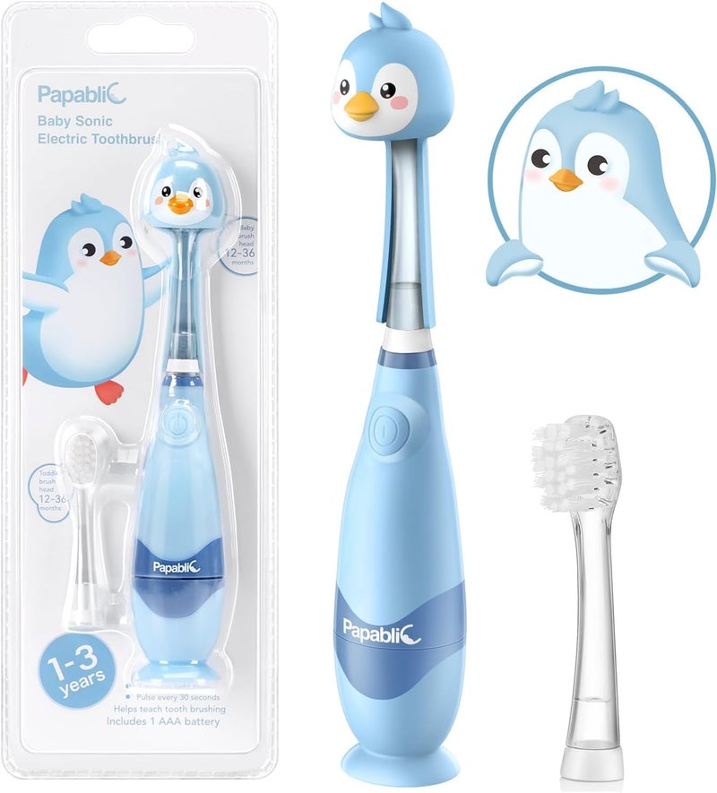 Papablic Toddler Sonic Electric Kids Toothbrush for Ages 1-3 Years, Baby Electric Toothbrush with Cute Penguin Cover and Smart LED Timer, 2 Brush Heads (Pippin) - Image 1