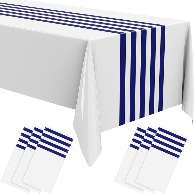 Oudain 6 Pcs Striped Tablecloth 108 x 54 Inch Disposable Plastic Table Cloth Waterproof Tablecloth Rectangle Table Cover for Birthday Wedding Bridal Party Supplies (Blue White) - Image 1
