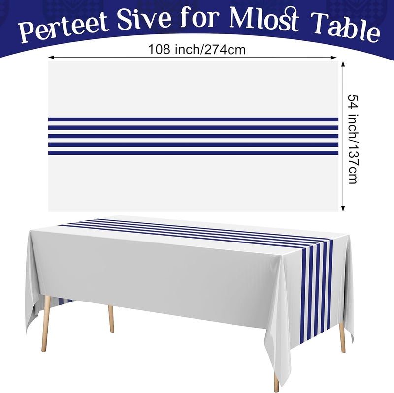 Oudain 6 Pcs Striped Tablecloth 108 x 54 Inch Disposable Plastic Table Cloth Waterproof Tablecloth Rectangle Table Cover for Birthday Wedding Bridal Party Supplies (Blue White) - Image 2