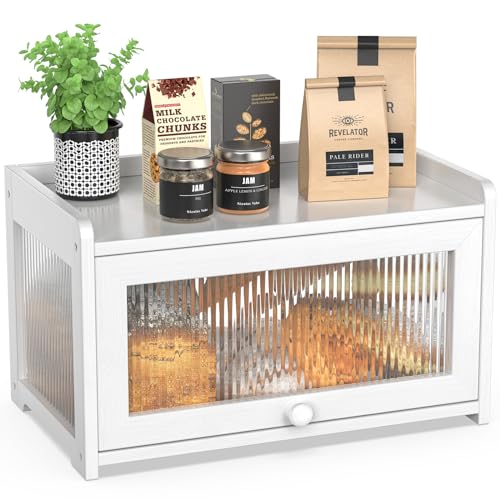 BAMBANG Bamboo Bread Box for Kitchen Countertop, Extra Large Farmhouse Bread Box with 4-Side Clear Panels, Wooden Bread Storage Container for Homemade Bread, White - Image 1