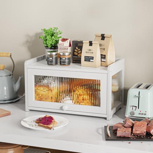 BAMBANG Bamboo Bread Box for Kitchen Countertop, Extra Large Farmhouse Bread Box with 4-Side Clear Panels, Wooden Bread Storage Container for Homemade Bread, White - Image 3