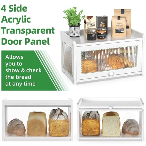 BAMBANG Bamboo Bread Box for Kitchen Countertop, Extra Large Farmhouse Bread Box with 4-Side Clear Panels, Wooden Bread Storage Container for Homemade Bread, White - Image 4