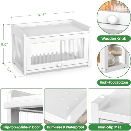 BAMBANG Bamboo Bread Box for Kitchen Countertop, Extra Large Farmhouse Bread Box with 4-Side Clear Panels, Wooden Bread Storage Container for Homemade Bread, White - Image 2