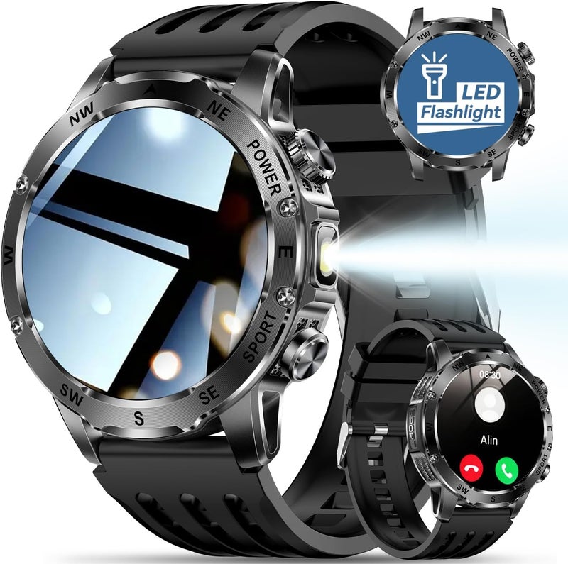 TDZDDYS Smart Watch for Men with Flashlight, Bluetooth Calling, 100+ Sport Modes, 800mAh, IPX8 Waterproof Fitness Tracker for Workout, iOS Android Compatible， Gift For Him (Black Silicone) - Image 1