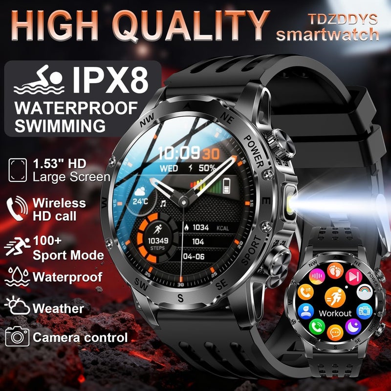 TDZDDYS Smart Watch for Men with Flashlight, Bluetooth Calling, 100+ Sport Modes, 800mAh, IPX8 Waterproof Fitness Tracker for Workout, iOS Android Compatible， Gift For Him (Black Silicone) - Image 2