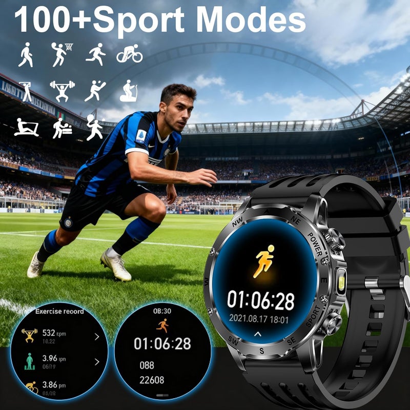 TDZDDYS Smart Watch for Men with Flashlight, Bluetooth Calling, 100+ Sport Modes, 800mAh, IPX8 Waterproof Fitness Tracker for Workout, iOS Android Compatible， Gift For Him (Black Silicone) - Image 4