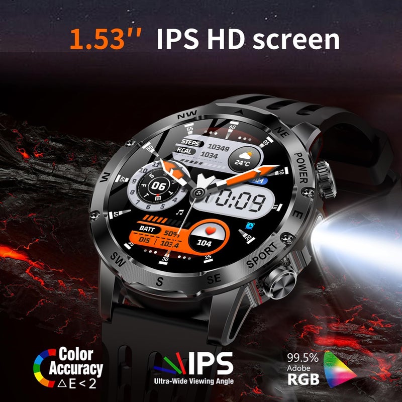 TDZDDYS Smart Watch for Men with Flashlight, Bluetooth Calling, 100+ Sport Modes, 800mAh, IPX8 Waterproof Fitness Tracker for Workout, iOS Android Compatible， Gift For Him (Black Silicone) - Image 3