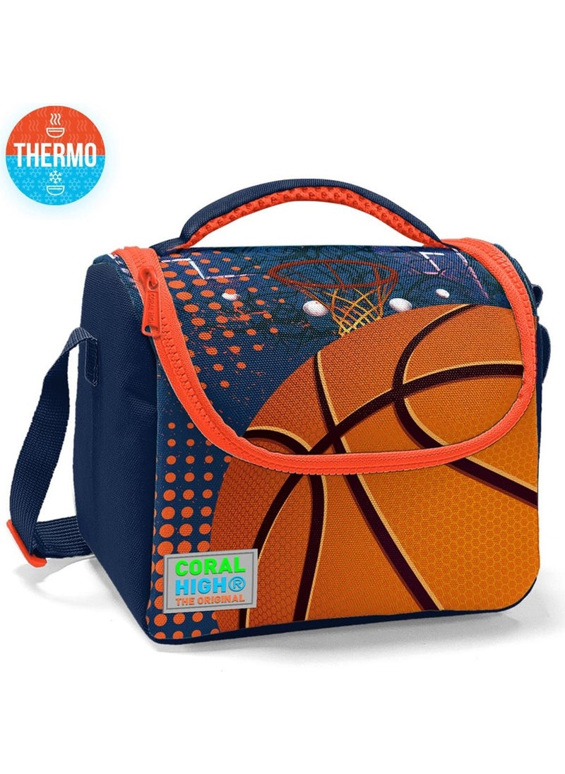 CORAL HIGH Kids Orange Navy Blue Basketball Patterned Thermo Lunch Box 11766  - Image 1