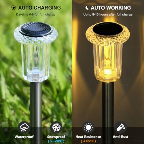 DenicMic Solar Lights Outdoor 15 Pack Waterproof 3000K Warm White LED Acrylic lamp Head Stainless Steel Stake for Landscape Lighting Path Walkway Sidewalk Backyard Patio Decor - Image 3