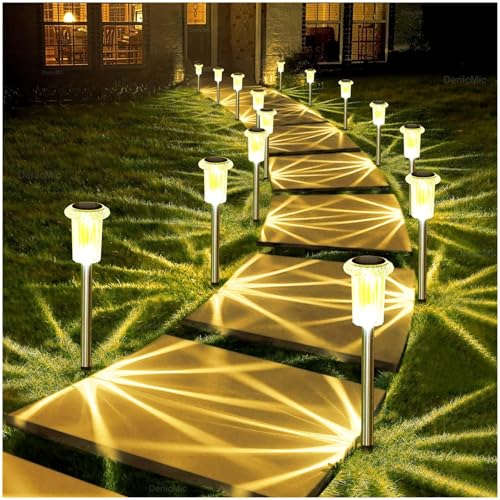 DenicMic Solar Lights Outdoor 15 Pack Waterproof 3000K Warm White LED Acrylic lamp Head Stainless Steel Stake for Landscape Lighting Path Walkway Sidewalk Backyard Patio Decor - Image 1