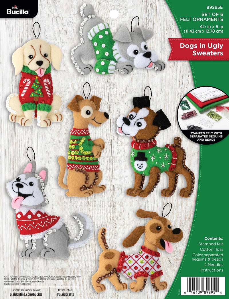 Bucilla Bucilla Felt Applique 6 Piece Ornament Making Kit Dogs in Ugly Sweaters Perfect for DIY Arts and Crafts 89295E 