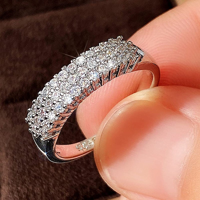 925 Sterling Silver Shiny Full Diamond Gemstone Ring Blue Cubic Zirconia Rings CZ Diamond Multi Row Ring Eternity Engagement Wedding Band Ring for Women US Code 8