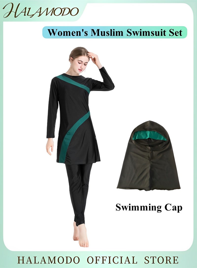 هالامودو طقم ملابس سباحة إسلامية للنساء مع قبعة سباحة، ملابس سباحة تغطي كامل الجسم، ملابس سباحة إسلامية للحجاب، ملابس سباحة بأكمام طويلة - Image 1