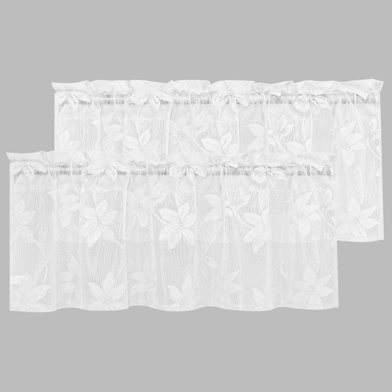 DWCN 2 Pack White Floral Lace Valances for Kitchen - Rod Pocket Half Window Sheer Curtains for Small Window Living Room Cafe, 42 x 18 inch, Lace White - Image 1