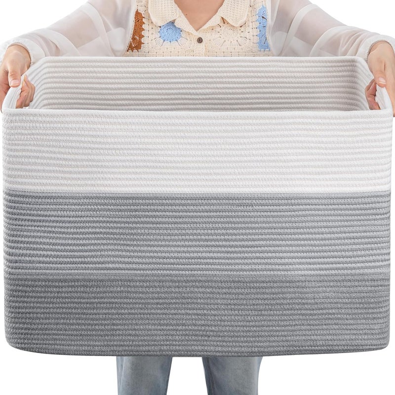 OIAHOMY Large Cotton Rope Basket - Rectangle Woven Storage for Nursery, Living Room, Toys - With Handle - 24.8"x15.7"x15.7" - Gradient Grey - Image 1