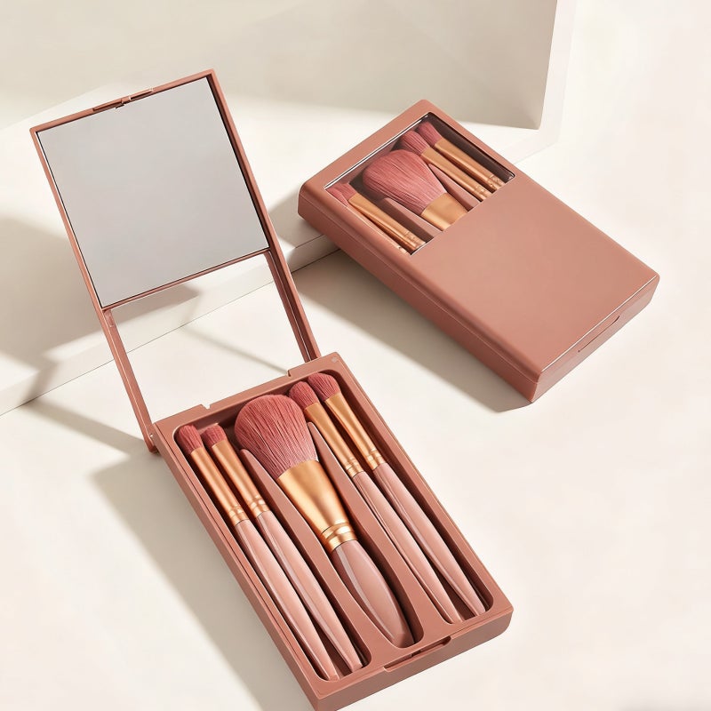 Pack of 5 super soft hair makeup brushes, box with mirror mini portable makeup brush set - Image 2