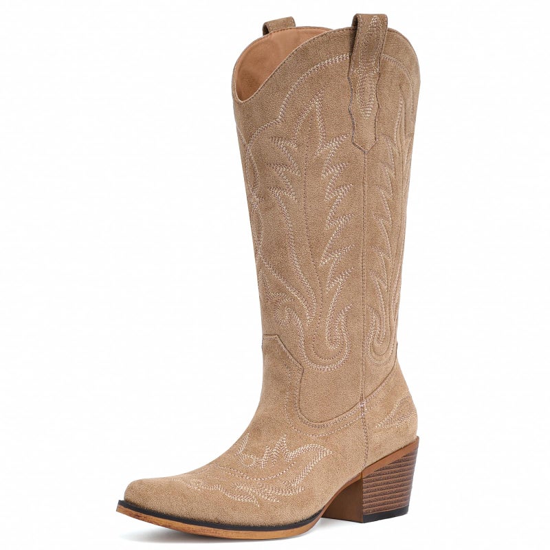 Fioralie Suede Cowboy Boots for Women Western Mid Calf Cowgirl Boots with Embroidered, Retro Snip Toe Fashion Boot With Chunky Block Heel Summer Fall Country Music Festival Cowboy Chic - Image 4