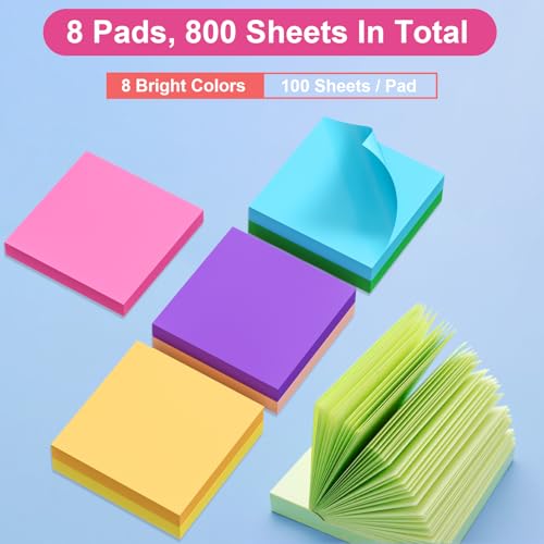 AUYAARS Sticky Notes 3x3 Inch, 8 Pads, 800 Sheets, 8 Bright Colors Sticky Note Pad, Bulk Self-Stick Pads, Home Office School Supplies, Clean Removal, Recyclable, Easy to Post for Notebook, 100 Sheets/Pad - Image 2