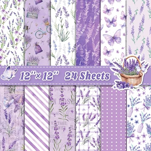 Feivando 24 Sheets Lavender Scrapbook Paper 12 12 DoubleSided Purple Flower Butterfly Pattern Paper Floral Decorative Decoupage Cardstock for DIY Card Craft Making Scrapbook Supplies - Image 1