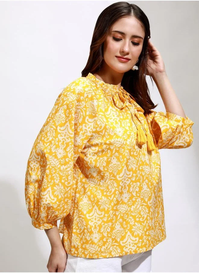 Tokyo Talkies Tokyo Talkies All-Over Print Balloon Sleeve Top with Tie-Up Neck