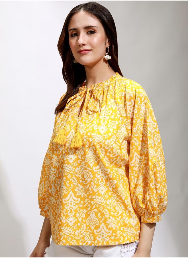 Tokyo Talkies All-Over Print Balloon Sleeve Top with Tie-Up Neck by Styli  - Image 4
