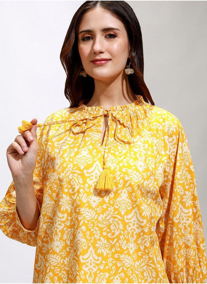 Tokyo Talkies All-Over Print Balloon Sleeve Top with Tie-Up Neck by Styli  - Image 1