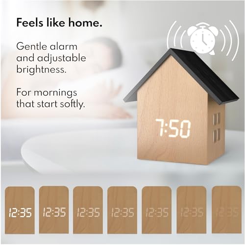 Driini Digital House-Shaped Alarm Clock with Temperature Display (Light Wood) – Modern Aesthetic - Cute Cube Frame and White LED Dimmer - Perfect Small Desk Clock for Bedside Table or Bedroom Mantle - Image 2