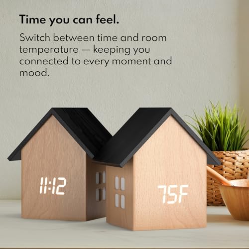 Driini Digital House-Shaped Alarm Clock with Temperature Display (Light Wood) – Modern Aesthetic - Cute Cube Frame and White LED Dimmer - Perfect Small Desk Clock for Bedside Table or Bedroom Mantle - Image 5