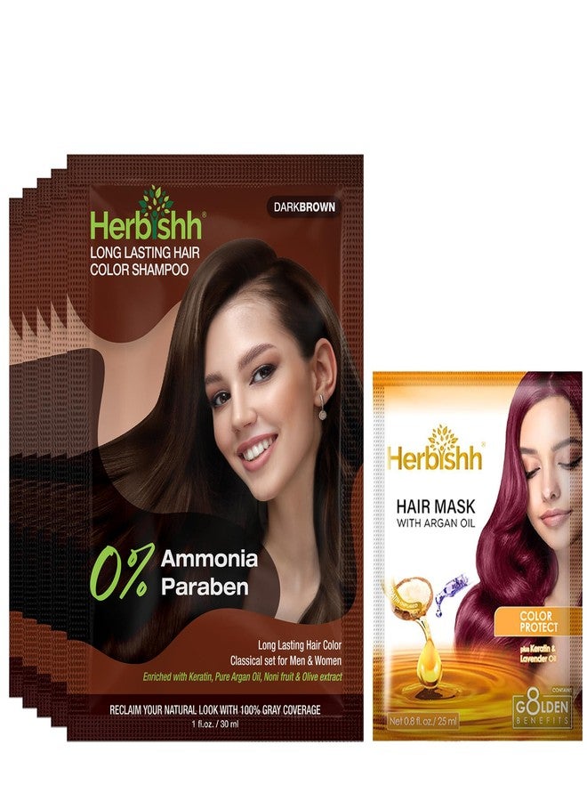 Herbishh Travel Pack Hair Dye Color Shampoo in Sachet + 1pc Argan Hair Mask Sachet (Dark brown, 5 sachets) - Image 1