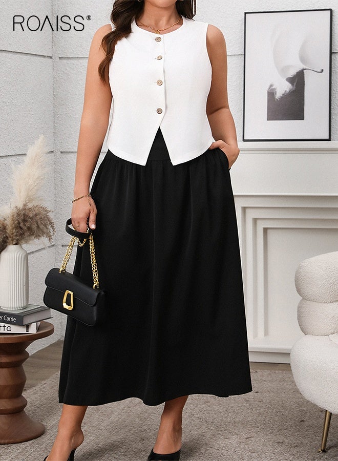 رويس طقم مكون من قطعتين لربيع وصيف، صدرية نسائية بدون أكمام برقبة دائرية وأزرار أمامية، طقم تنورة طويلة أنيقة ورفيعة بلون واحد، طقم ملابس مكتب للتنقل - Image 5