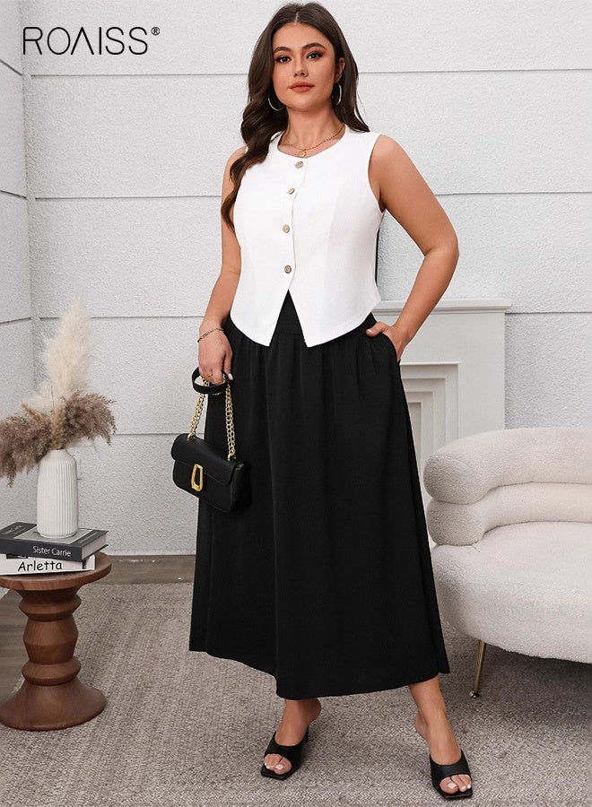 رويس طقم مكون من قطعتين لربيع وصيف، صدرية نسائية بدون أكمام برقبة دائرية وأزرار أمامية، طقم تنورة طويلة أنيقة ورفيعة بلون واحد، طقم ملابس مكتب للتنقل - Image 3