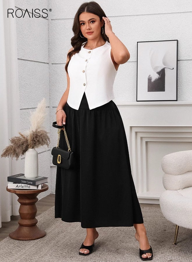 رويس طقم مكون من قطعتين لربيع وصيف، صدرية نسائية بدون أكمام برقبة دائرية وأزرار أمامية، طقم تنورة طويلة أنيقة ورفيعة بلون واحد، طقم ملابس مكتب للتنقل - Image 1