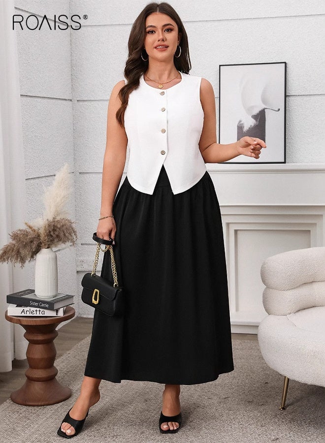 رويس طقم مكون من قطعتين لربيع وصيف، صدرية نسائية بدون أكمام برقبة دائرية وأزرار أمامية، طقم تنورة طويلة أنيقة ورفيعة بلون واحد، طقم ملابس مكتب للتنقل - Image 2